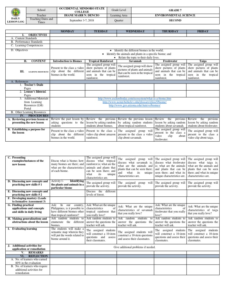 Daily Lesson Log Environmental Science | PDF | Behavior Modification ...