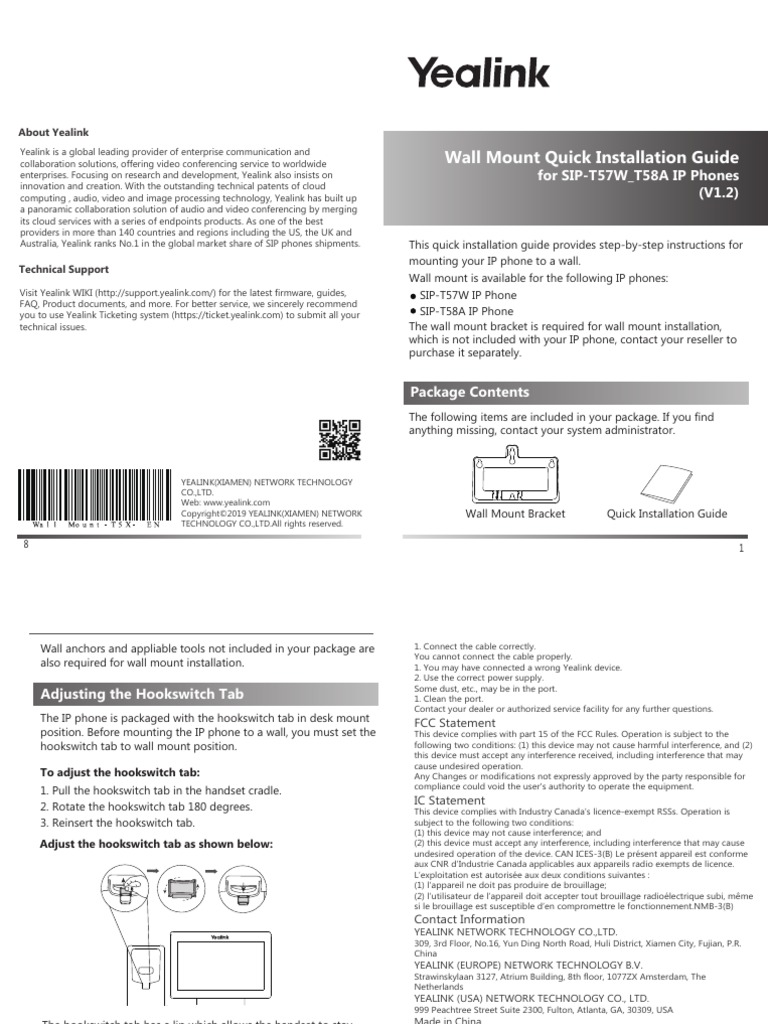 Yealink Wall Mount Quick Installation Guide For SIPT57W T58A IP Phones V1.2 PDF Electrical