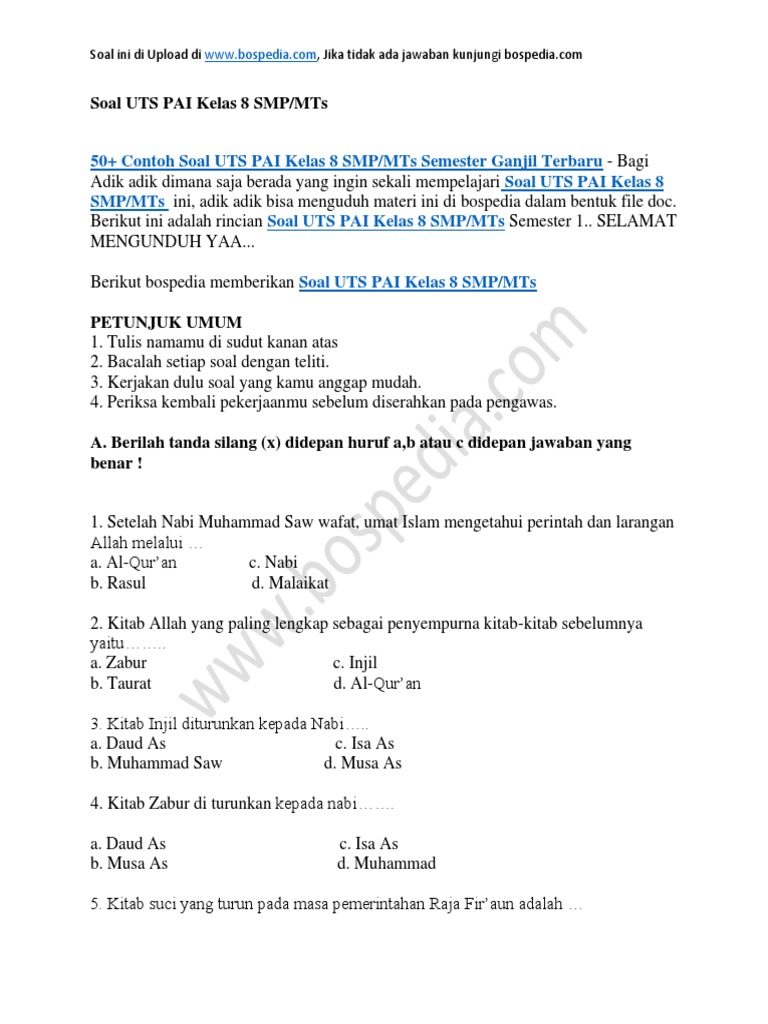 50 Contoh Soal Uts Pai Kelas 8 Smp Mts Semester Ganjil Docx