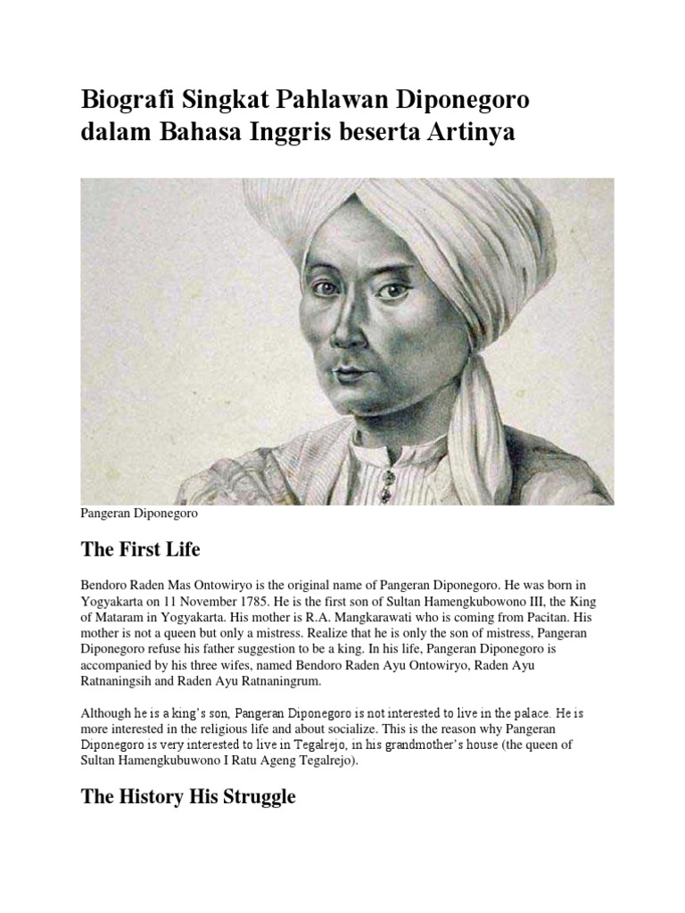 Biografi Singkat Pahlawan Diponegoro Dalam Bahasa Inggris Beserta Artinya Indonesian People Java