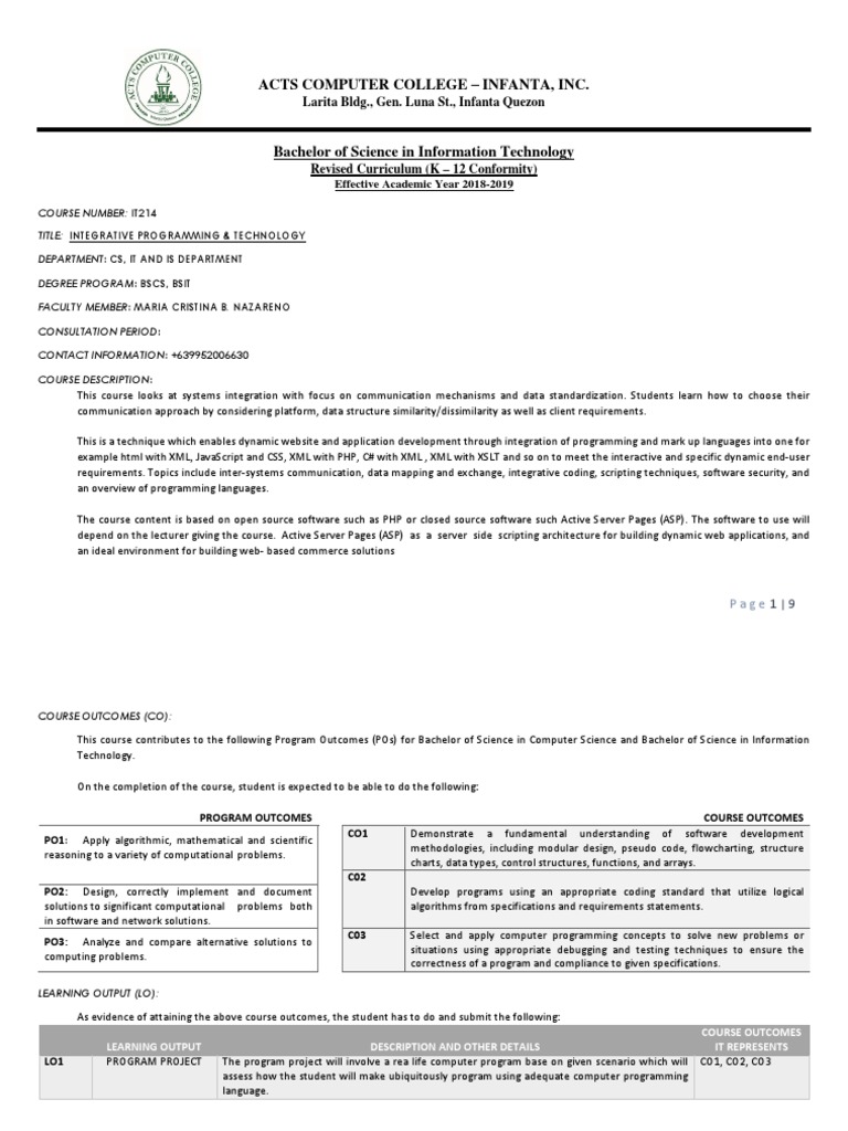 Integrative programming and tech syllabus pdf control flow data type