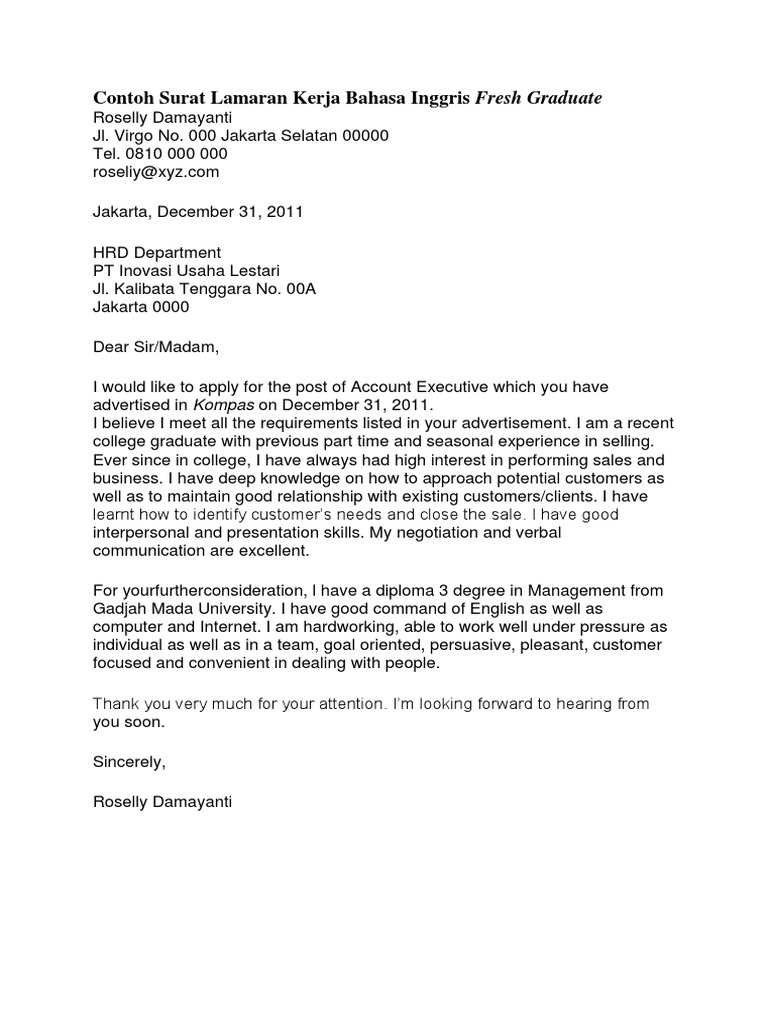 Contoh Surat Lamaran Kerja Bahasa Inggris Pdf