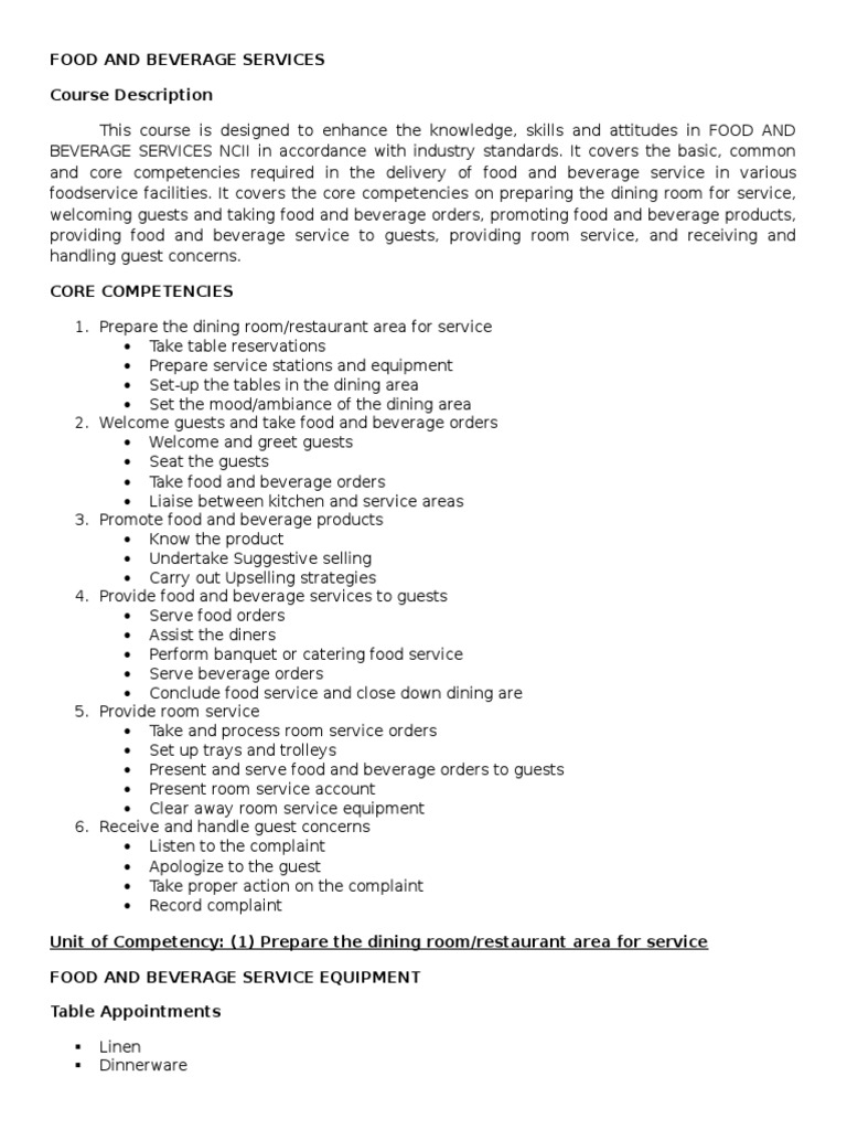 Food and Beverage Services Course Description PDF Tableware