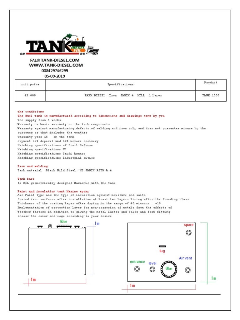 Diesel Tank Quotation | PDF | Welding | Construction