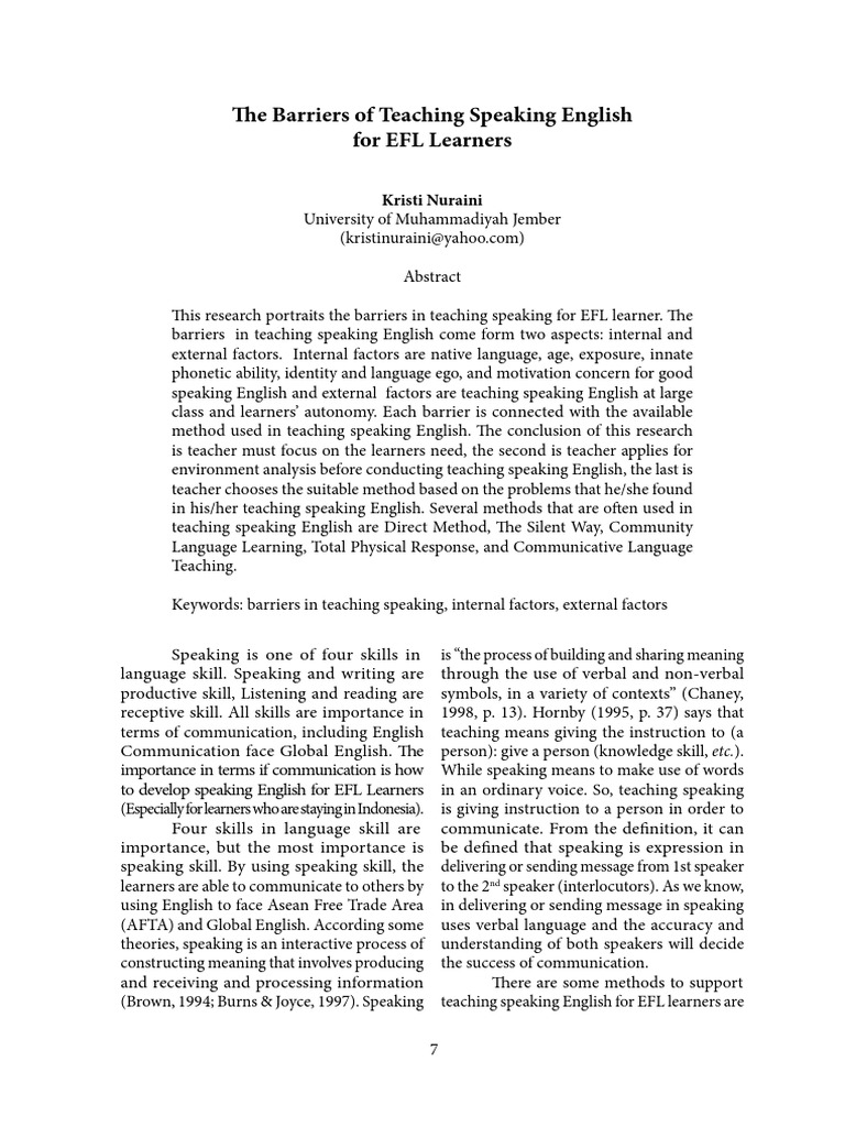 The Barriers of Teaching Speaking English For EFL Learners: Kristi ...
