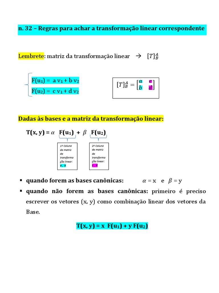 Regras para Achar A Transformacao Linear PDF | PDF | Mapa linear ...