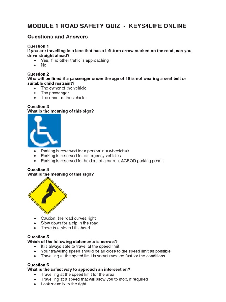 Keys4Life Online Road Safety Quiz Answers and Explanations PDF Traffic Seat Belt