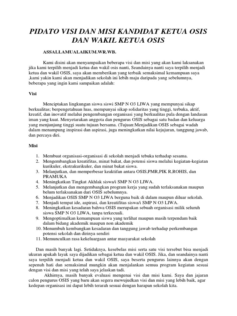 Pidato Visi Dan Misi Kandidat Ketua Osis PDF