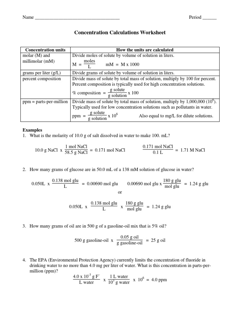 Worksheet Concentration Calculations _honors Molar Concentration Mole (Unit)
