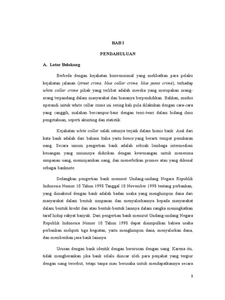 Bab I Pendahuluan A Latar Belakang White Collar Crime Pihak Yang Terlibat Adalah Mereka Yang Merupakan Orang