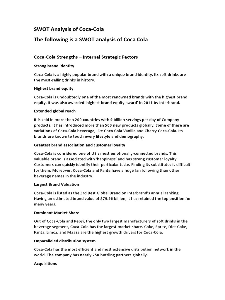 Swot Analysis Of Coca Pdf Coca Cola Pepsi Co