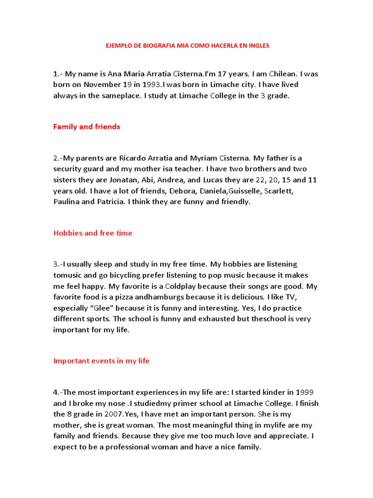 Ejemplo de Biografia Mia Como Hacerla en Ingles