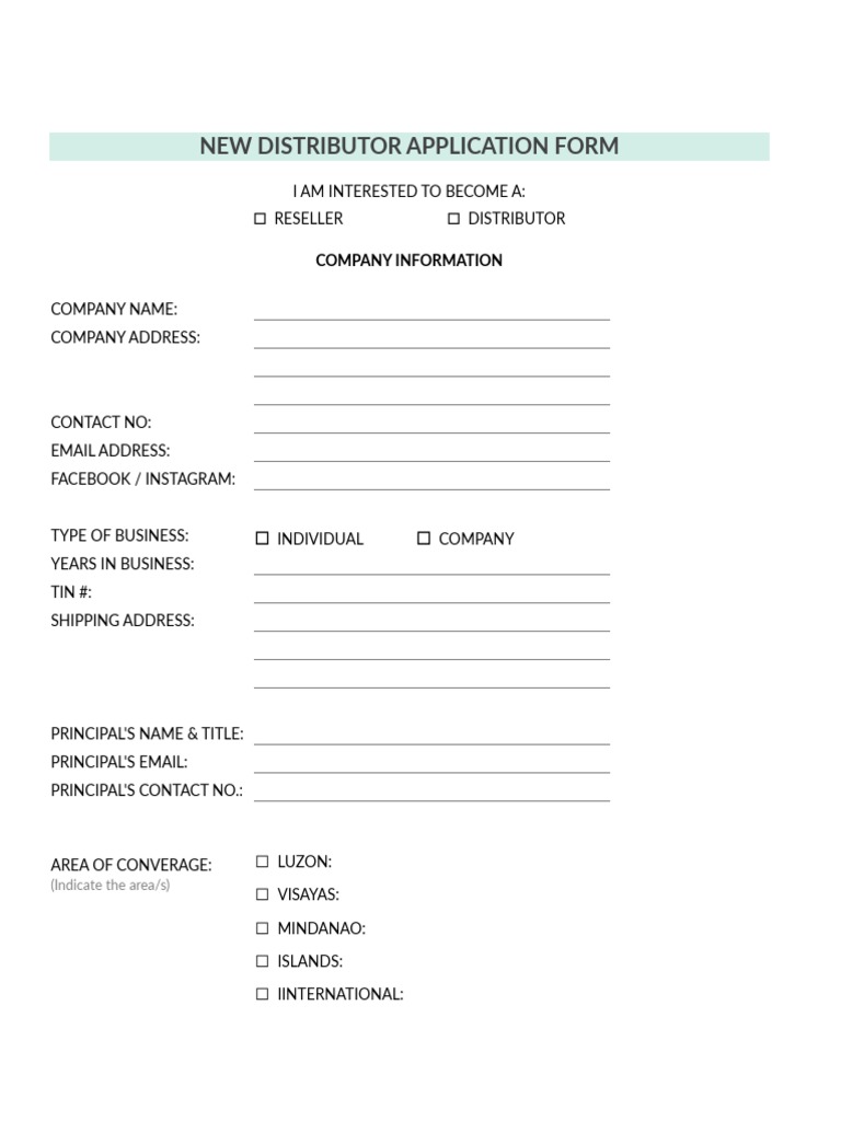 New Distributor Application Form Company Information PDF
