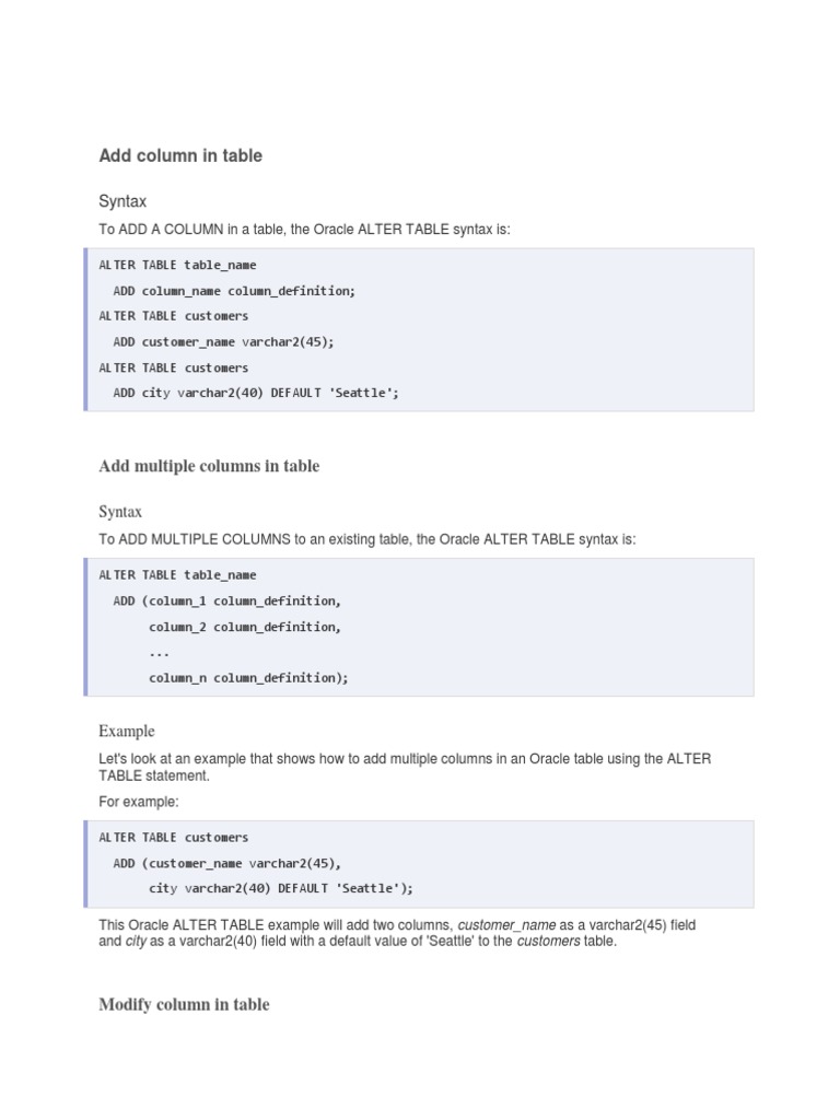 Add Column In Table Syntax Table Database Computer Programming