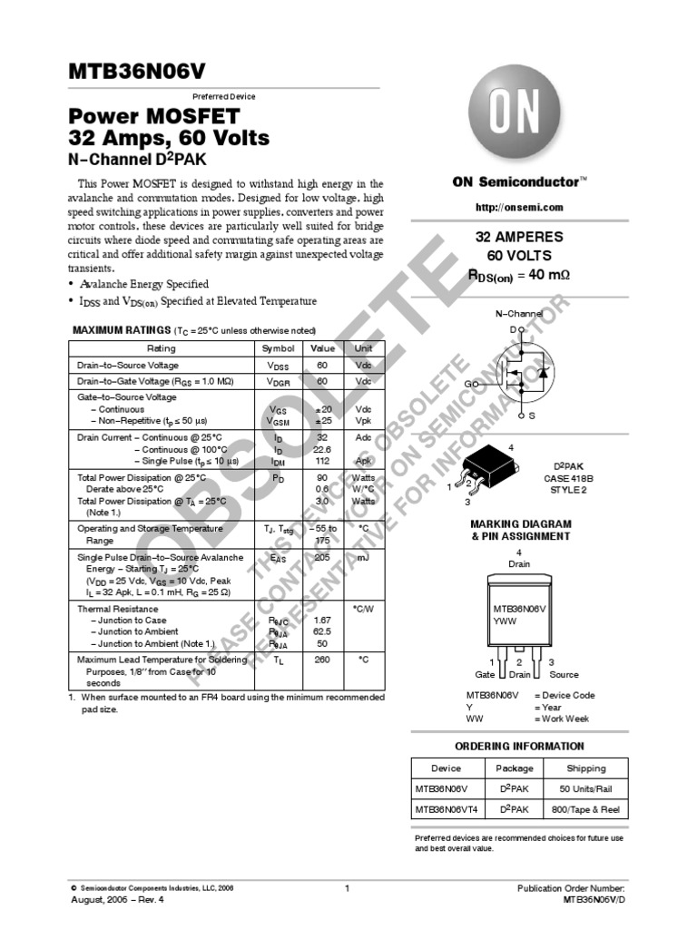 MTB36N06V Power MOSFET 32 Amps, 60 Volts: N Channel D PAK | PDF | Field ...
