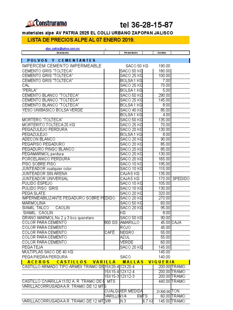 Lista de Precios de Construccion PDF edificio Materiales