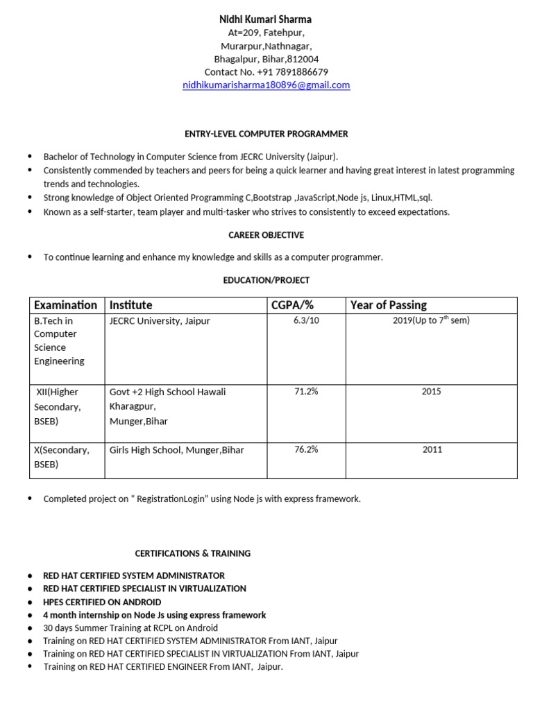 Entry-Level Computer Programmer Resume | PDF | Behavior Modification ...