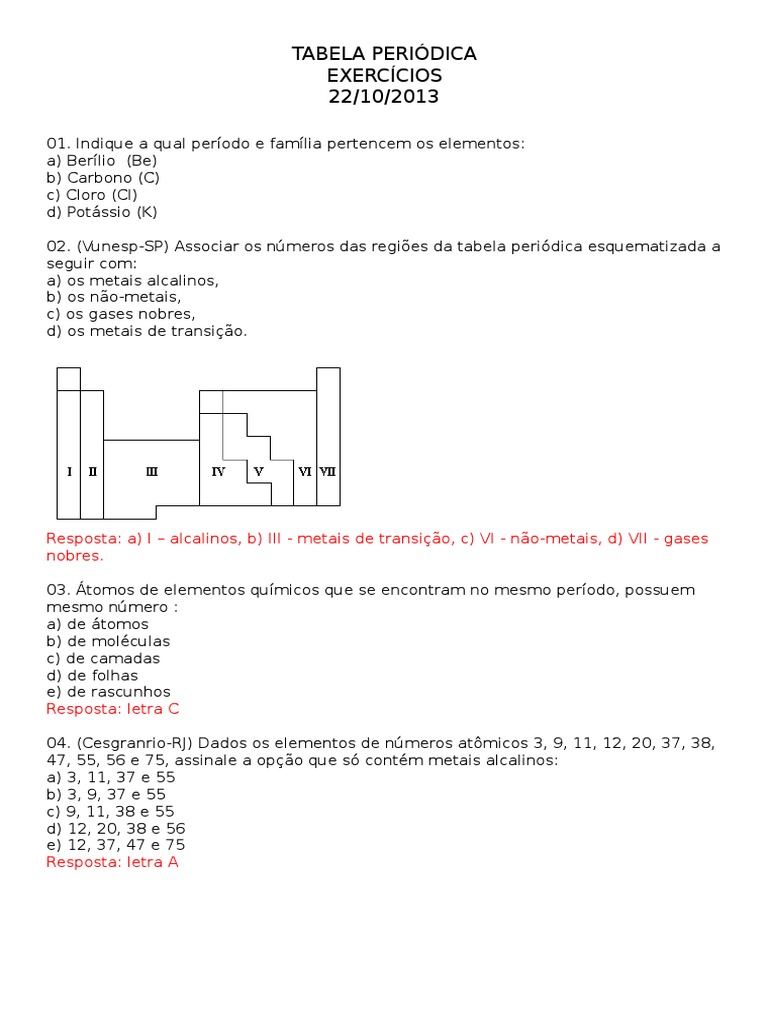 Exercícios sobre Tabela Periódica | PDF | Métodos e Materiais de Ensino