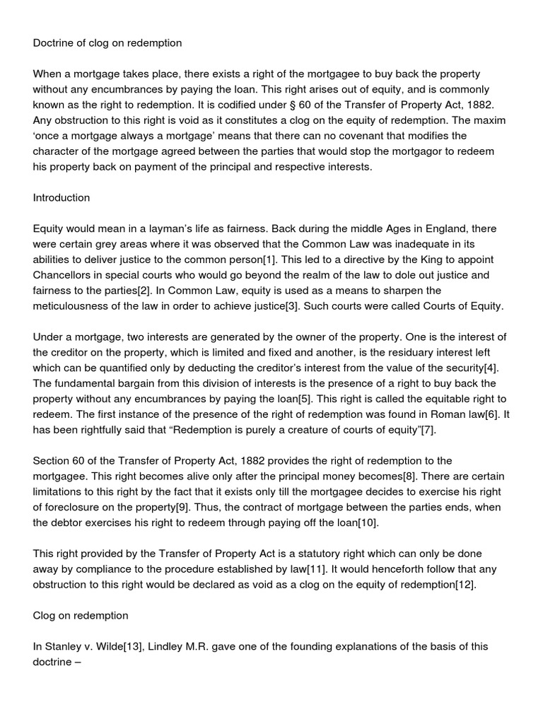 Clog on Redemption in Property Law | PDF | Mortgage Law | Foreclosure