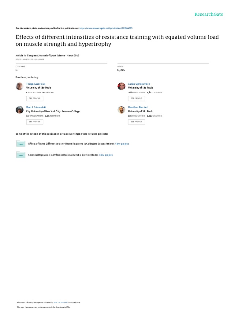 Effects of Different Intensities of Resistance Training With Equated Volume Load On Muscle