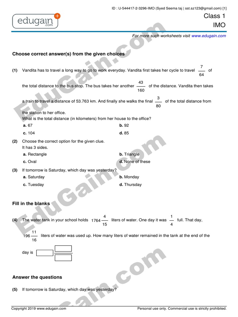 Class 1 IMO: Choose Correct Answer(s) From The Given Choices | PDF ...
