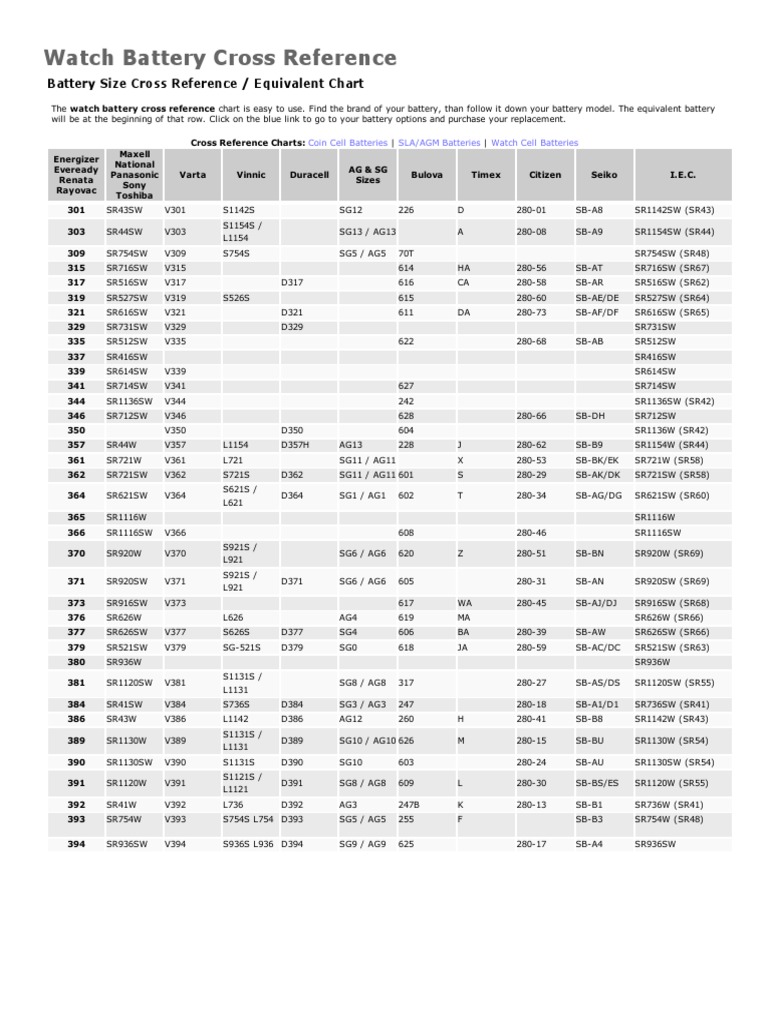Watch Battery Cross Reference Chart Pdf