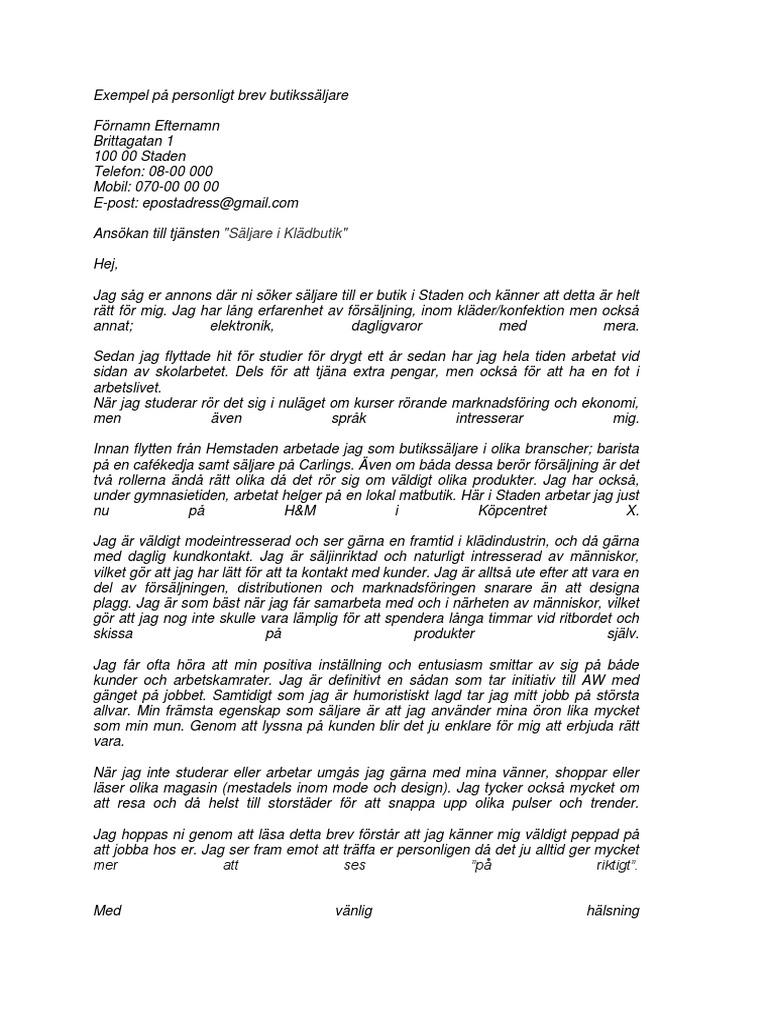 Personligt Brev Butikssaljare