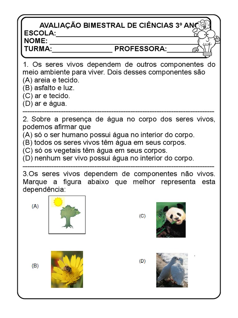 Avaliação Bimestral de Ciências 3º Ano | PDF | Água | Ambiente natural