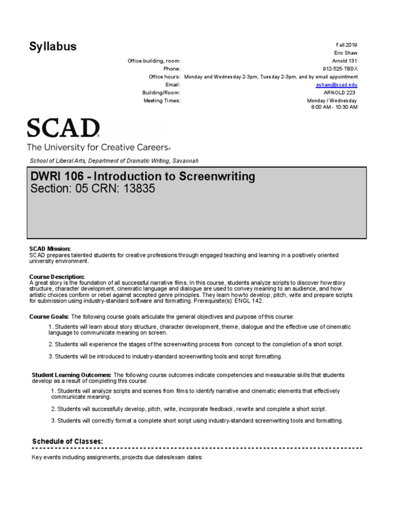 Intro to Screenwriting Syllabus 2019 | PDF | Screenplay | Screenwriting