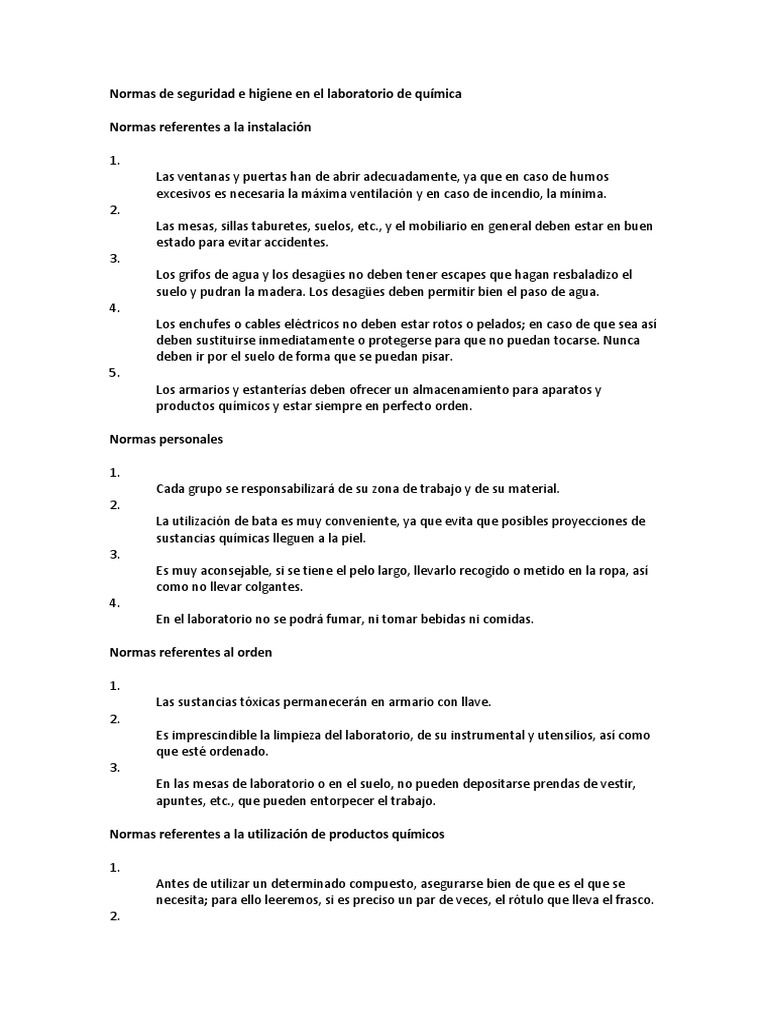 Normas de Seguridad e Higiene en El Laboratorio de Química | PDF ...