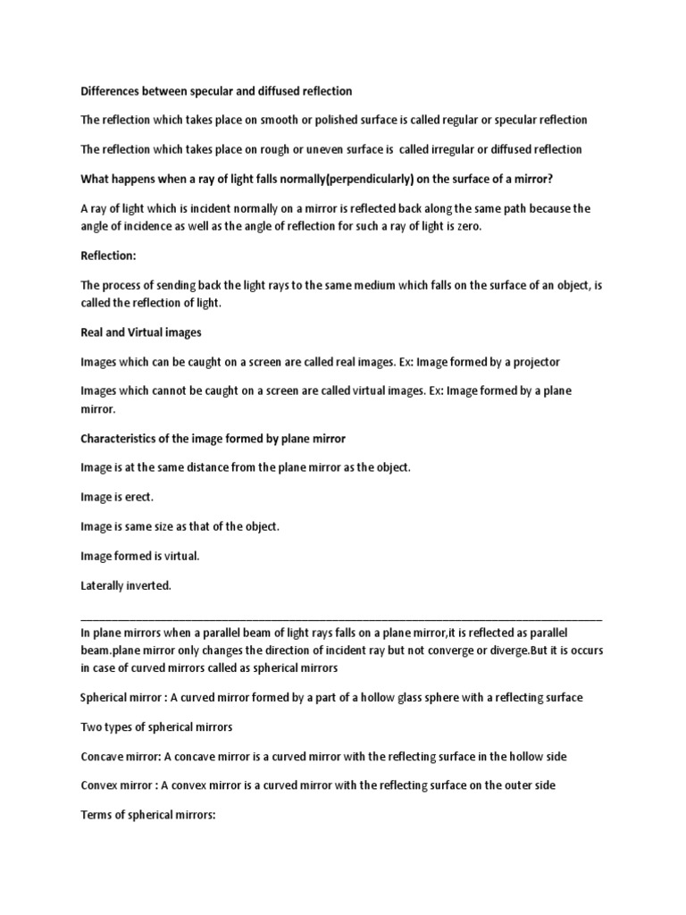 Differences Between Specular and Diffused Reflection PDF Lens