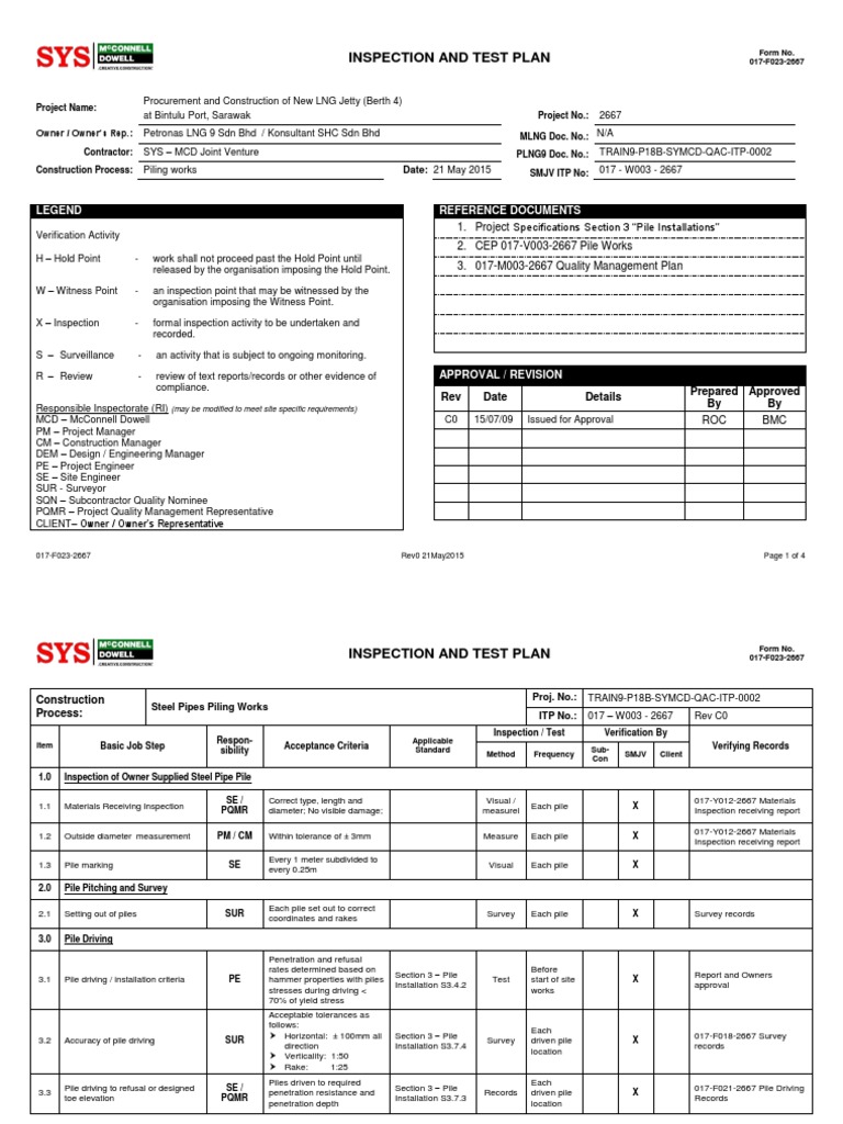 Piling Works Inspection and Test Plan | PDF | Deep Foundation | Welding