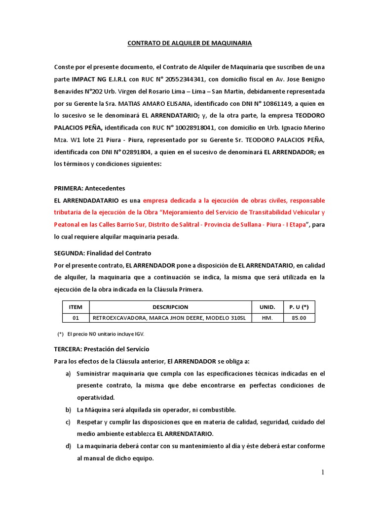 Contrato de Alquiler de Retroexcavadora | PDF | Alquiler | Regulación