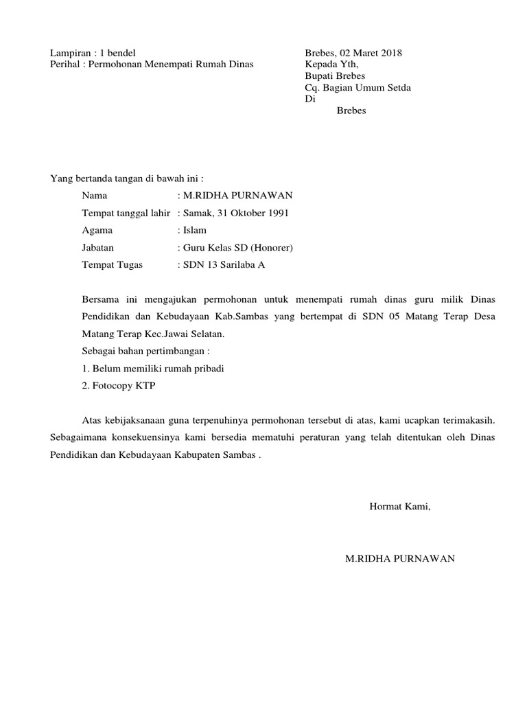 Surat Permohonan Menempati Rumah Dinas Pdf