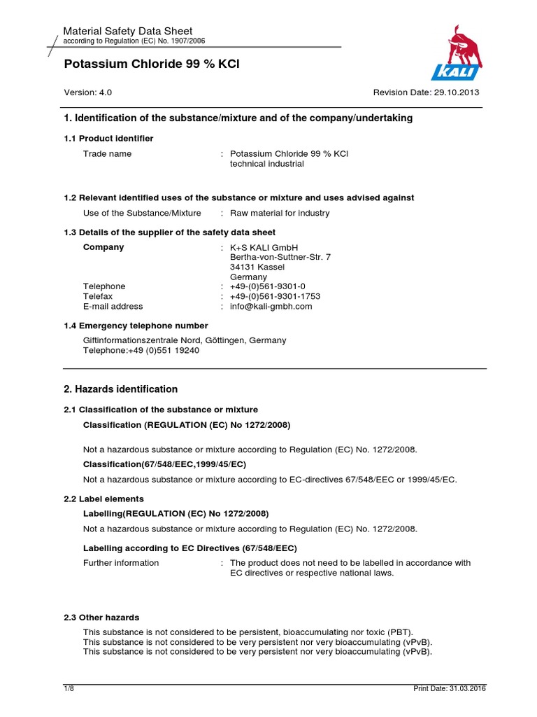 Potassium Chloride 99 KCL Material Safety Data Sheet PDF