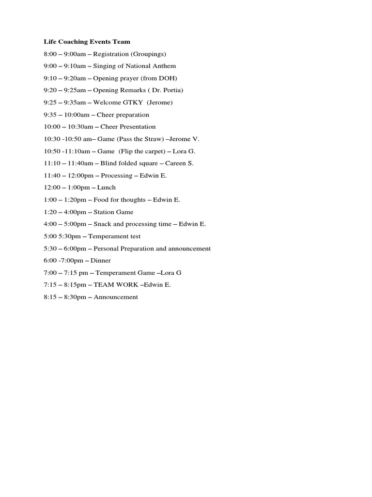 Life Coaching Event Schedule Overview | PDF | Cooking, Food & Wine