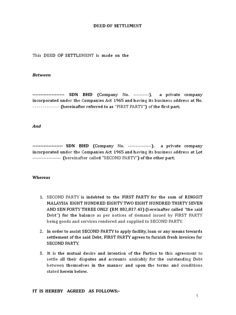 Sample Deed of Settlement PDF Virtue Private Law