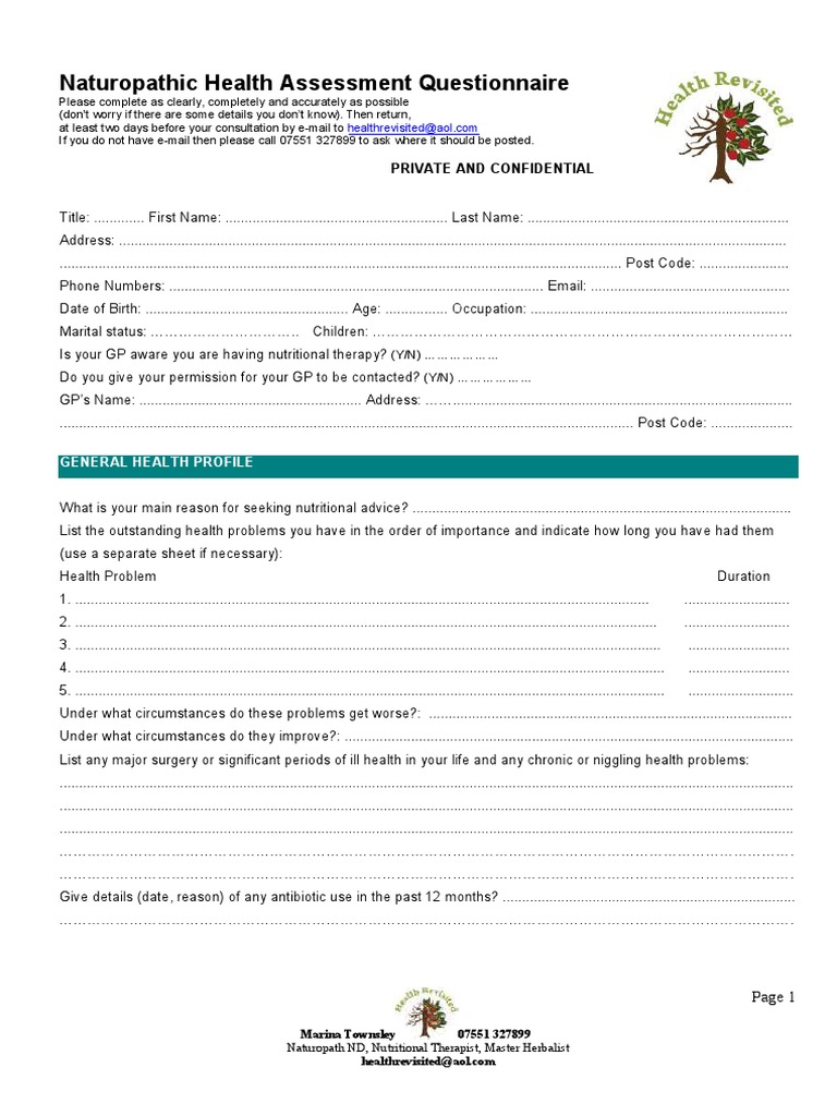 Naturopathic Health Assessment Questionnaire Etails PDF Naturopathy Dietary Supplements