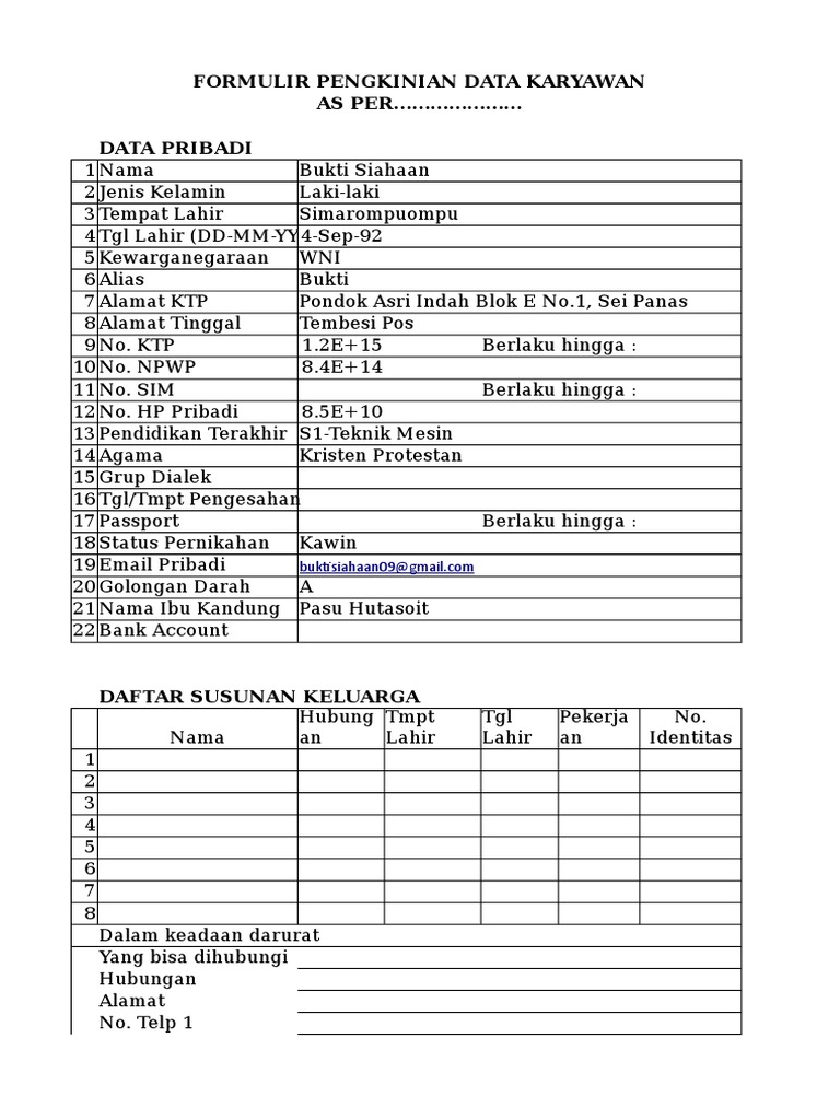 Form data karyawan xls