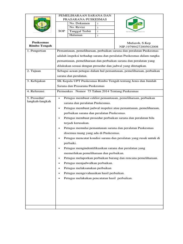 Sop Pemeliharaan Sarana Dan Prasarana Puskesmas Pdf