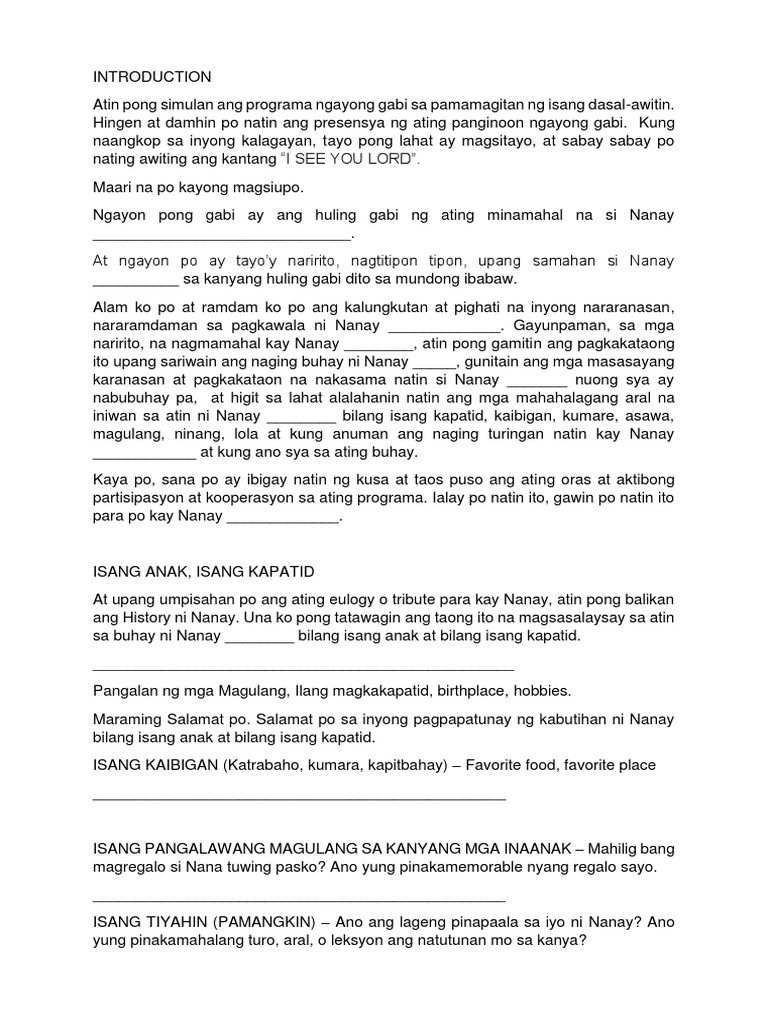 Nanay Funeral Program Script Pdf