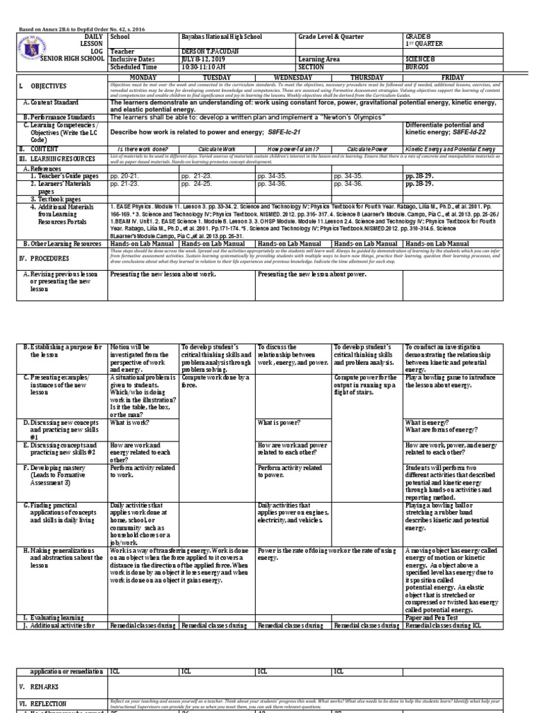 G8ScienceDaily Lesson Log DLL Template Potential Energy