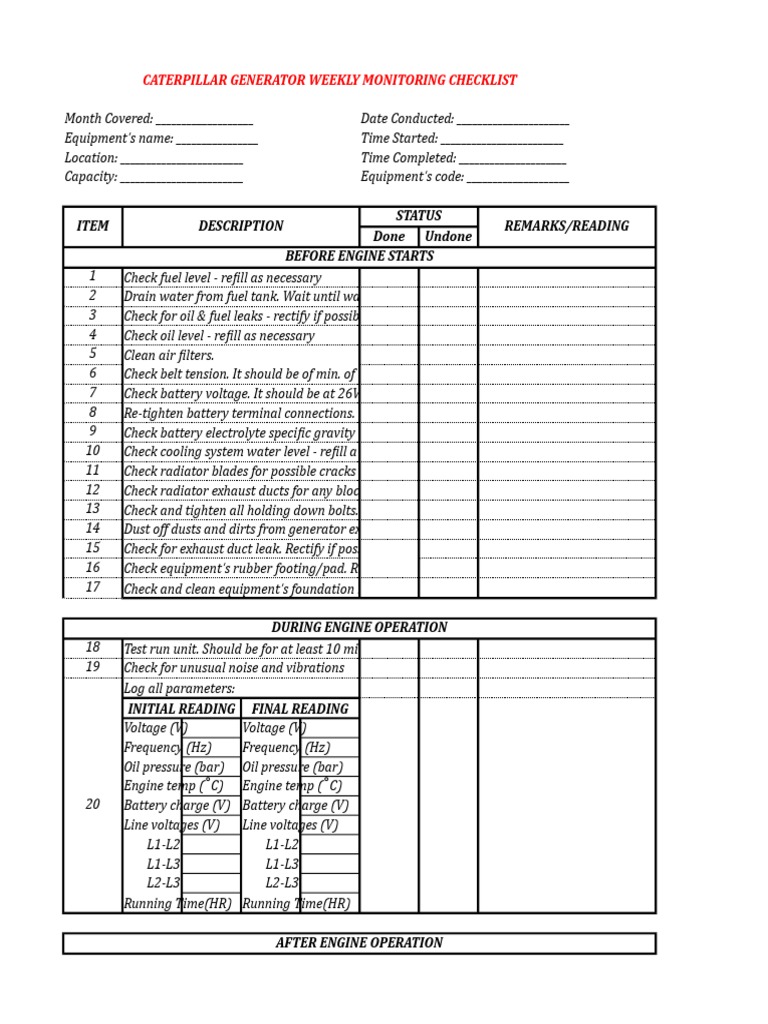 Generator PM Checklist | PDF | Electric Generator | Duct (Flow)