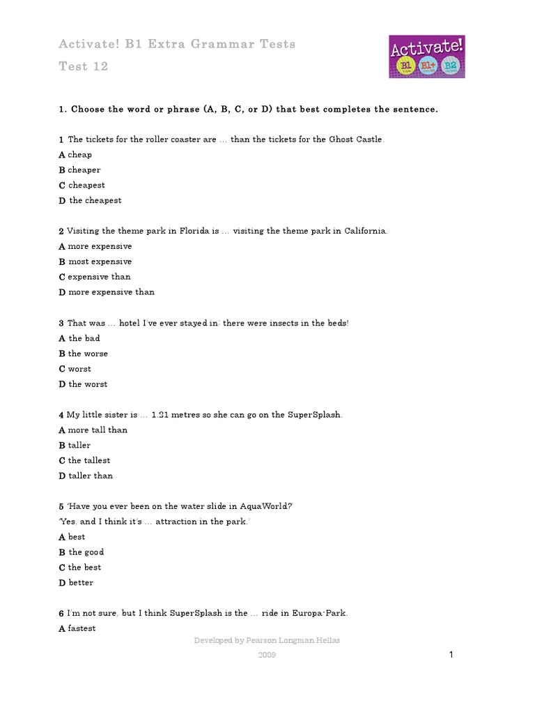 Activate! B1 Grammar Test 12 | PDF | Language Arts & Discipline