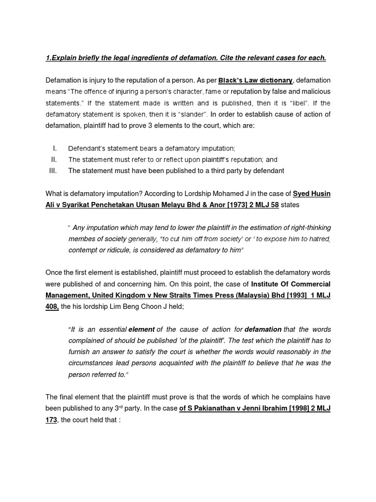Legal Elements of Defamation in Malaysia | PDF | Defamation | Discovery ...