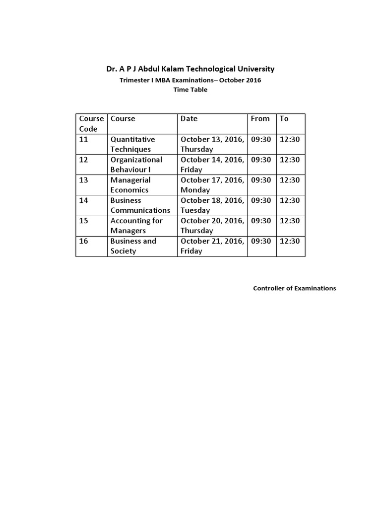 MBA Exam Timetable - October 2016 | PDF