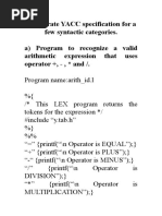 Nerate YACC Specification For A Few Syntactic Categories. A) Program To Recognize A Valid Arithmetic Expression That Uses Operator +, - , and