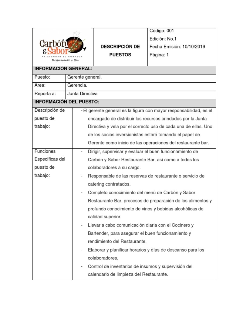 Descripción de Puestos en Restaurante | PDF | Artes culinarias | Alimentos