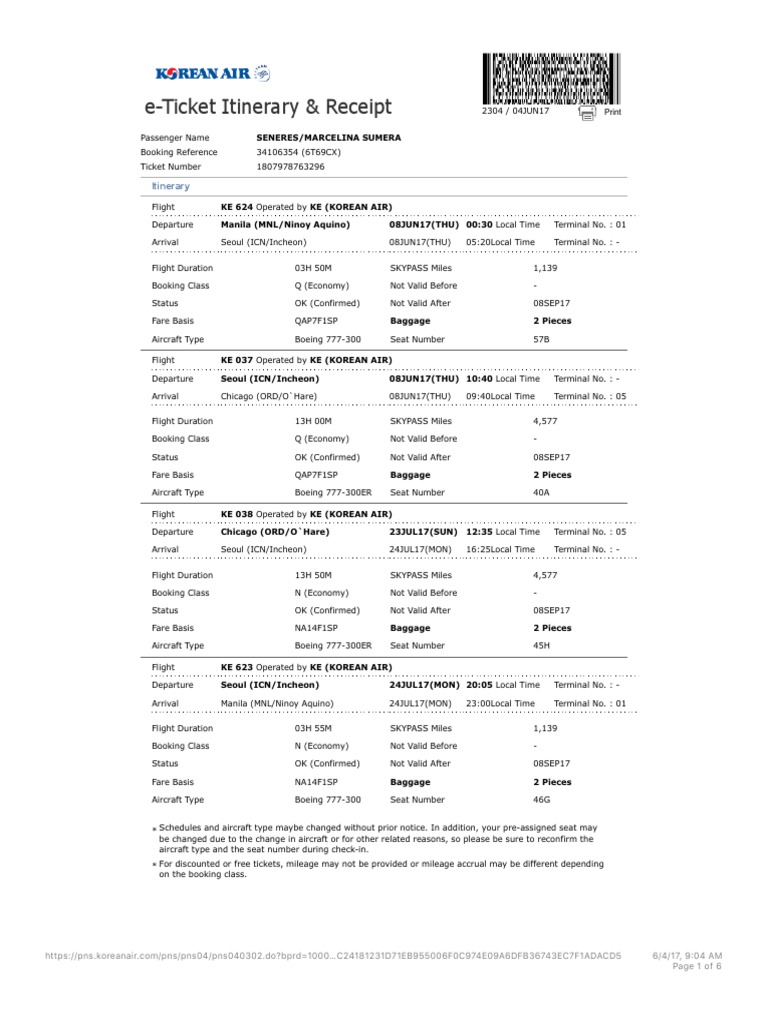 ETicket Itinerary & Receipt Korean Air 1 PDF Airlines Baggage