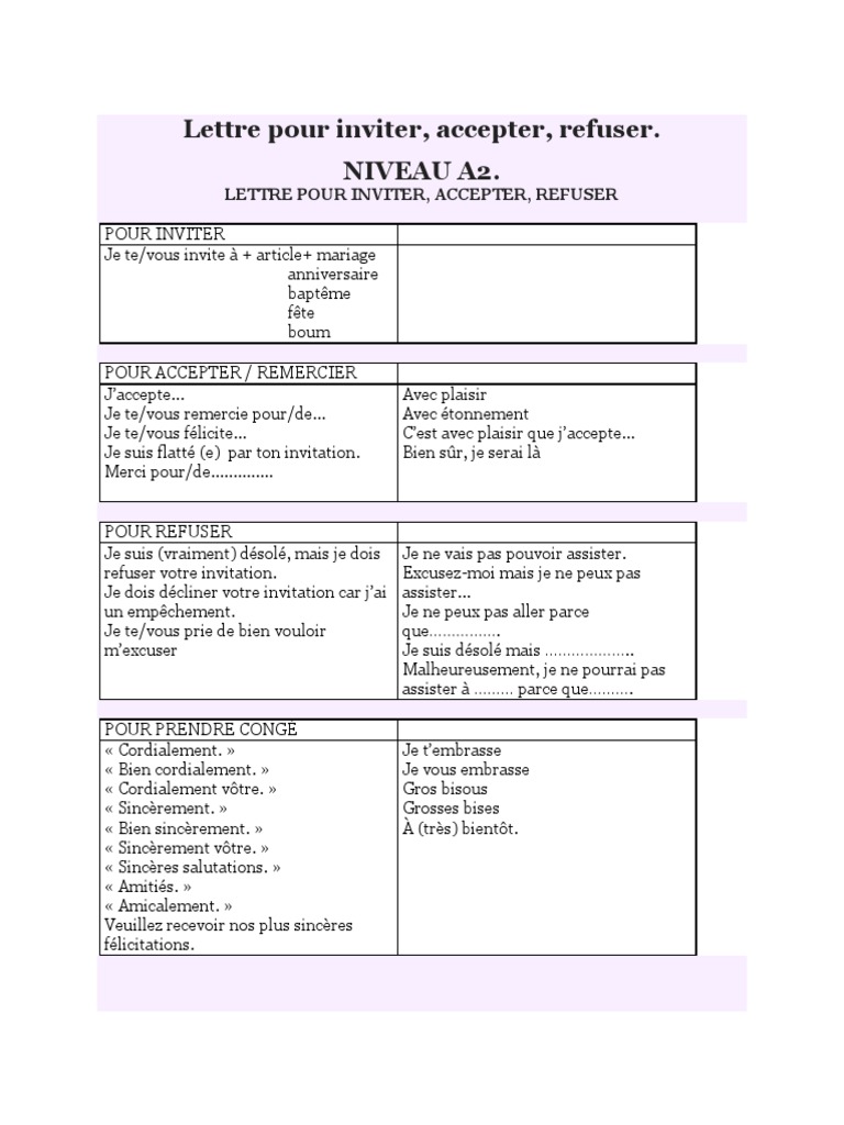Réponse Négative à Une Invitation De Mariage Lettre Pour Inviter | PDF